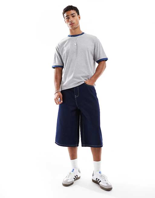 DESIGN Relaxed Boxy T-shirt With Navy Binding In Grey