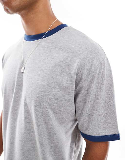 DESIGN Relaxed Boxy T-shirt With Navy Binding In Grey