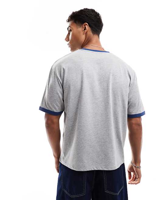 DESIGN Relaxed Boxy T-shirt With Navy Binding In Grey
