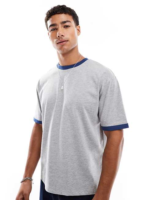 DESIGN relaxed boxy t-shirt with navy binding in grey