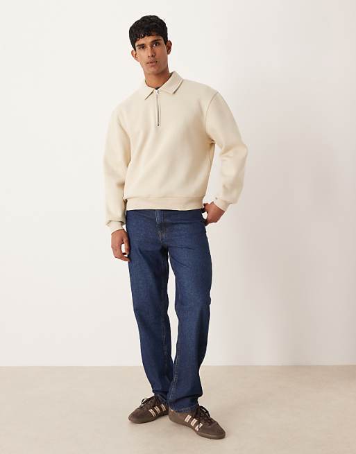 DESIGN Relaxed Boxy Zip Collared Sweatshirt In Beige