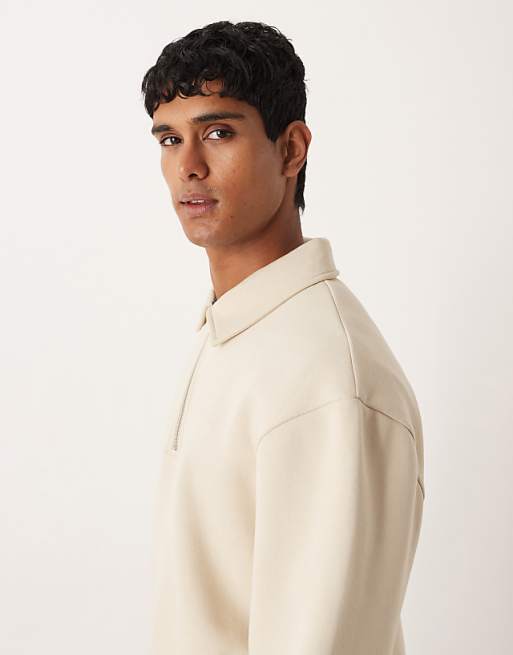 DESIGN Relaxed Boxy Zip Collared Sweatshirt In Beige