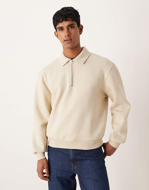 DESIGN relaxed boxy zip collared sweatshirt in beige