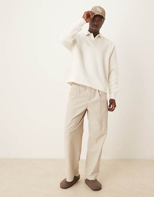 DESIGN Relaxed Button Up Polo Sweatshirt With Concealed Placet In Cream
