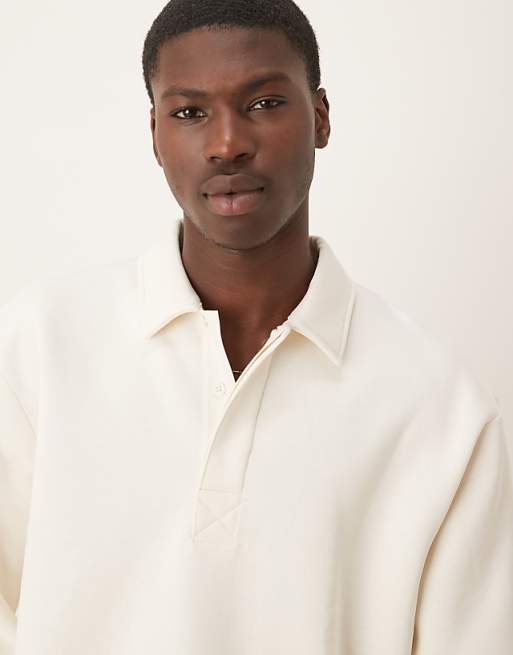 DESIGN Relaxed Button Up Polo Sweatshirt With Concealed Placet In Cream