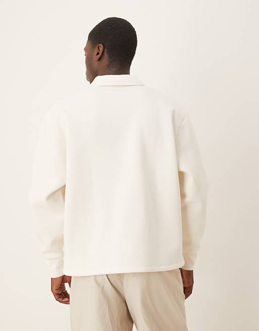 DESIGN Relaxed Button Up Polo Sweatshirt With Concealed Placet In Cream
