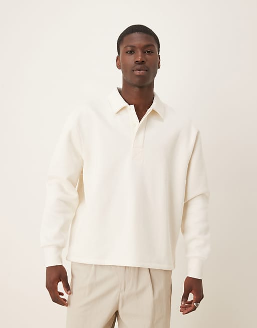 DESIGN relaxed button up polo sweatshirt with concealed placet in cream