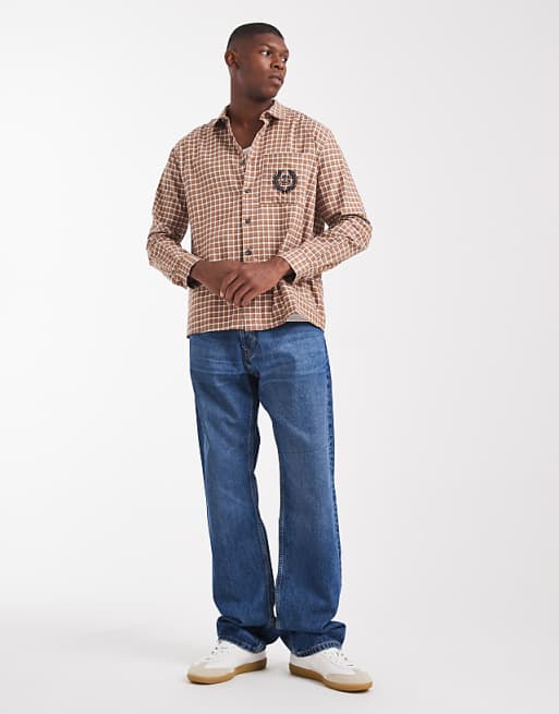DESIGN Relaxed Check Shirt With Chest Embroidery In Brown