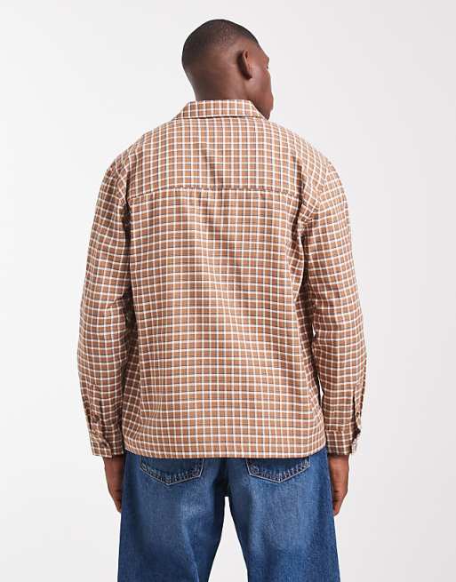 DESIGN Relaxed Check Shirt With Chest Embroidery In Brown