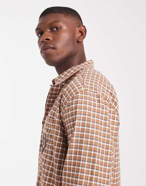 DESIGN Relaxed Check Shirt With Chest Embroidery In Brown