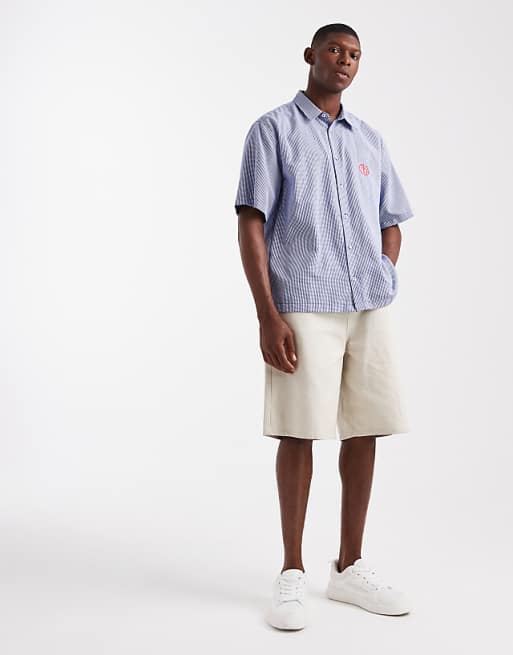 DESIGN Relaxed Check Shirt With Chest Embroidery In Blue