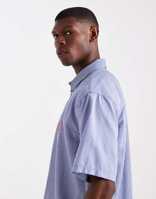 DESIGN Relaxed Check Shirt With Chest Embroidery In Blue