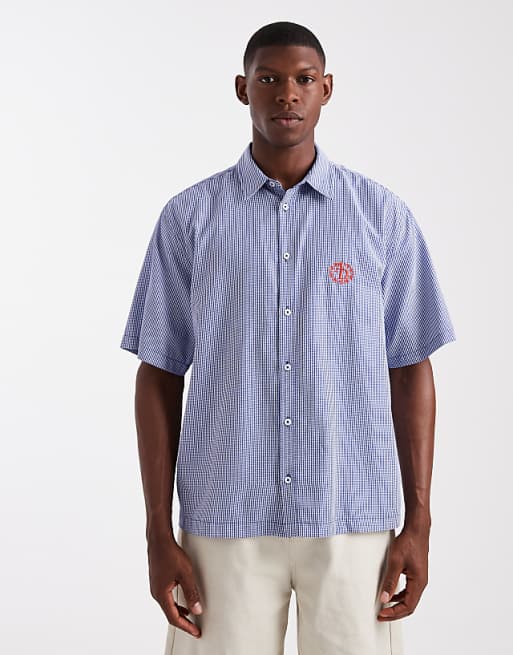 DESIGN relaxed check shirt with chest embroidery in blue