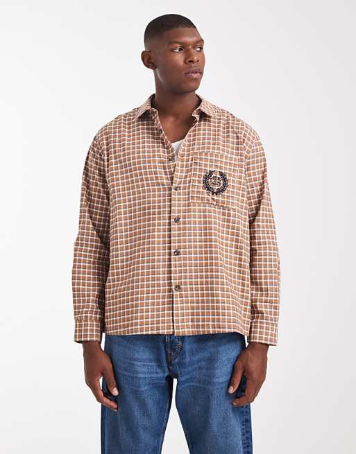 DESIGN relaxed check shirt with chest embroidery in brown