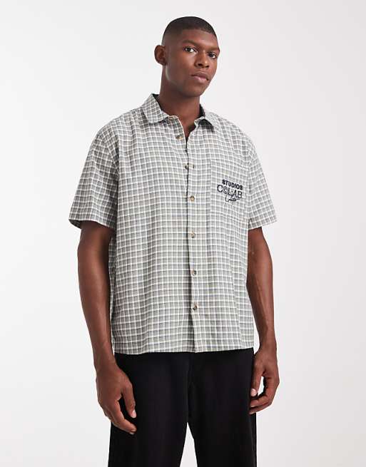 DESIGN relaxed checked shirt with chest embroidery in green