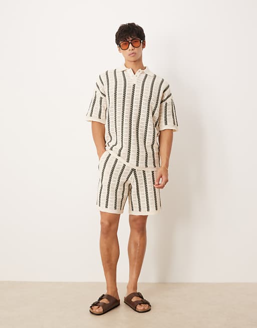 DESIGN Relaxed Crochet Knitted Polo With Stripe Pattern Co-ord In Ecru And Dark Green