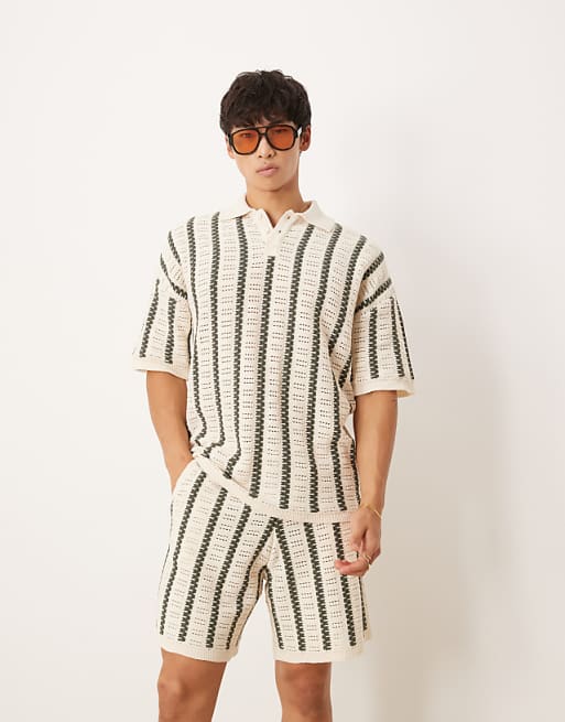 DESIGN Relaxed Crochet Knitted Polo With Stripe Pattern Co-ord In Ecru And Dark Green