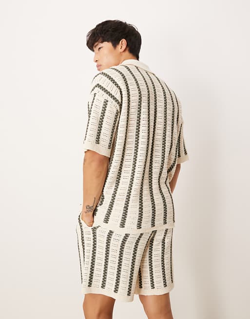 DESIGN Relaxed Crochet Knitted Polo With Stripe Pattern Co-ord In Ecru And Dark Green