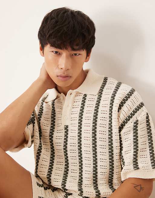 DESIGN relaxed crochet knitted polo with stripe pattern co-ord in ecru and dark green