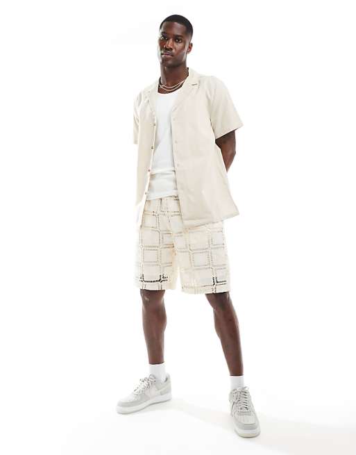 DESIGN Relaxed Deep Revere Linen Shirt In Stone
