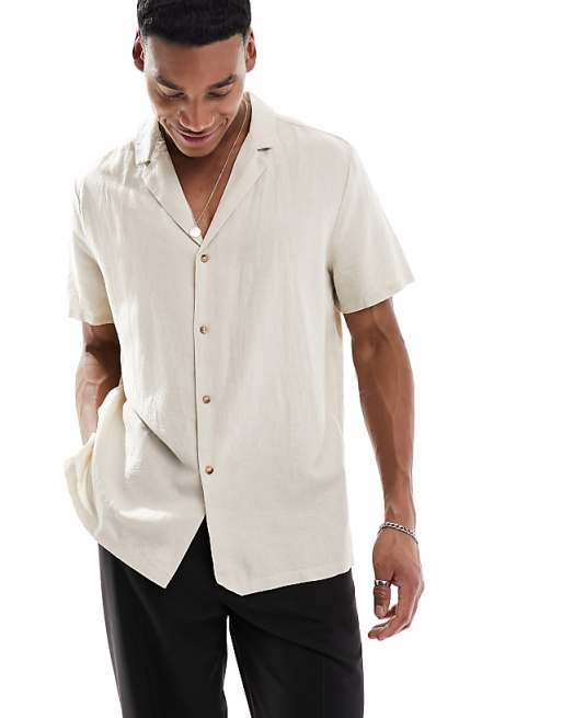 DESIGN Relaxed Deep Revere Linen Shirt In Stone