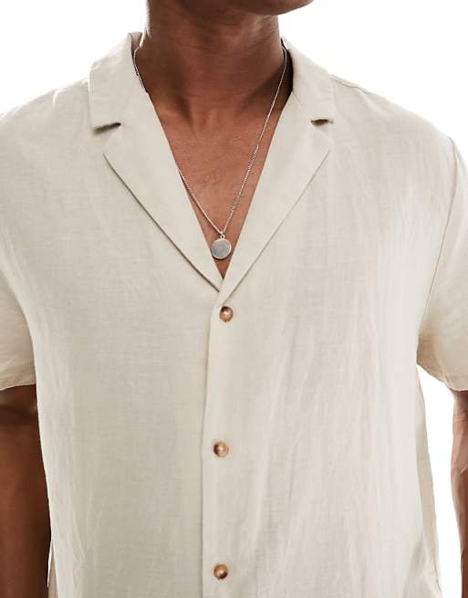 DESIGN Relaxed Deep Revere Linen Shirt In Stone