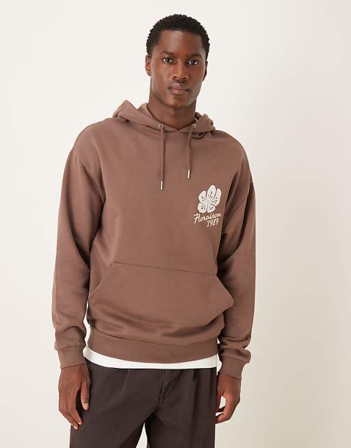 DESIGN relaxed fit hoodie with floral print in brown