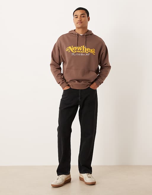 DESIGN Relaxed Fit Hoodie With Print In Brown
