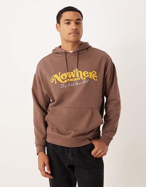 DESIGN relaxed fit hoodie with print in brown