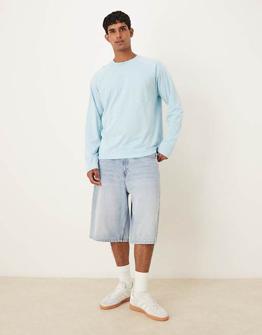 DESIGN Relaxed Fit Long Sleeve Textured T-shirt In Light Blue