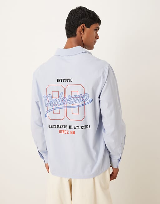 DESIGN relaxed fit long sleeved shirt with print detail in blue poplin