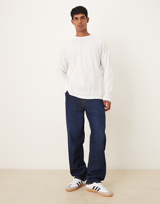 DESIGN Relaxed Fit Long Sleeved Slub Textured T-shirt In White