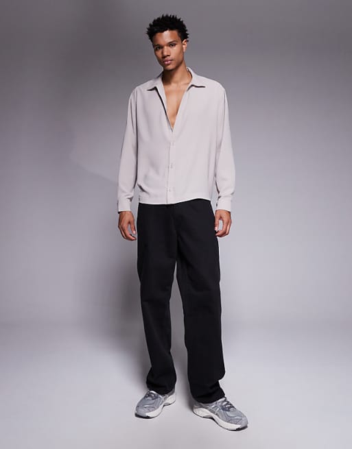 DESIGN Relaxed Fit Open Neck Satin Shirt In Beige