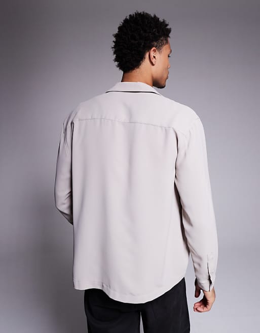 DESIGN Relaxed Fit Open Neck Satin Shirt In Beige