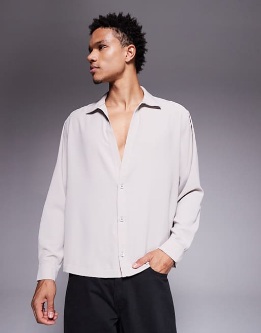 DESIGN relaxed fit open neck satin shirt in beige