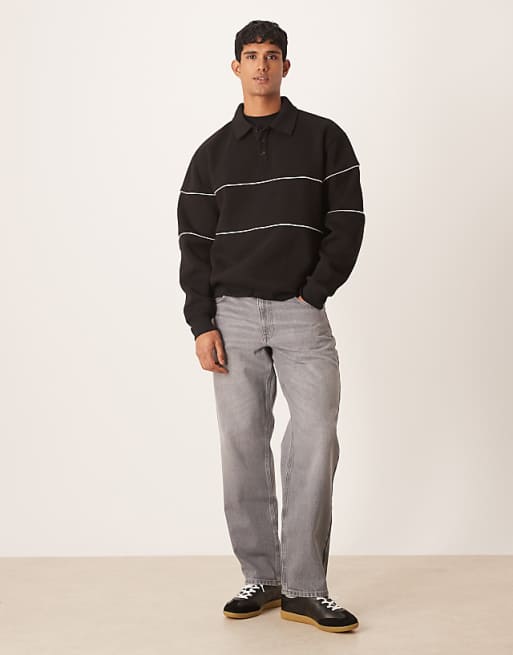DESIGN Relaxed Fit Polo Sweatshirt With Piping In Black