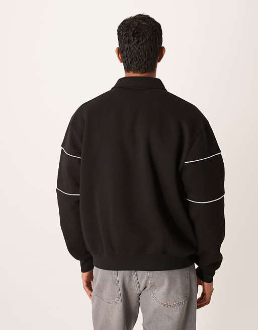 DESIGN Relaxed Fit Polo Sweatshirt With Piping In Black