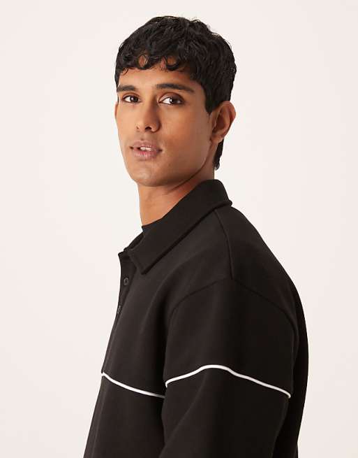 DESIGN Relaxed Fit Polo Sweatshirt With Piping In Black
