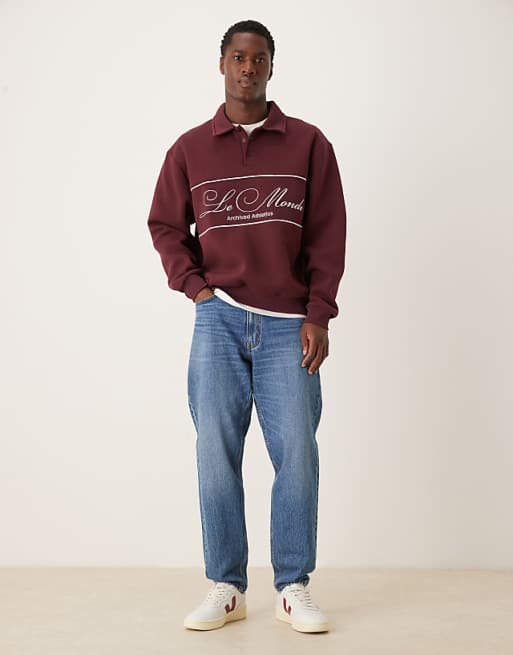 DESIGN Relaxed Fit Polo Sweatshirt With Piping And Embroidery In Burgundy