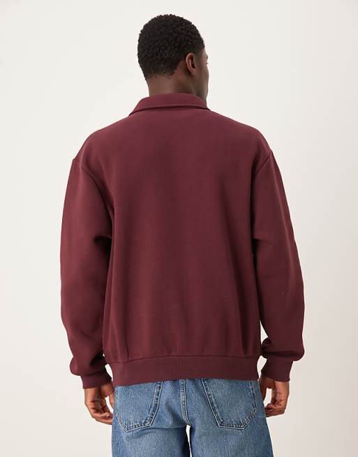 DESIGN Relaxed Fit Polo Sweatshirt With Piping And Embroidery In Burgundy