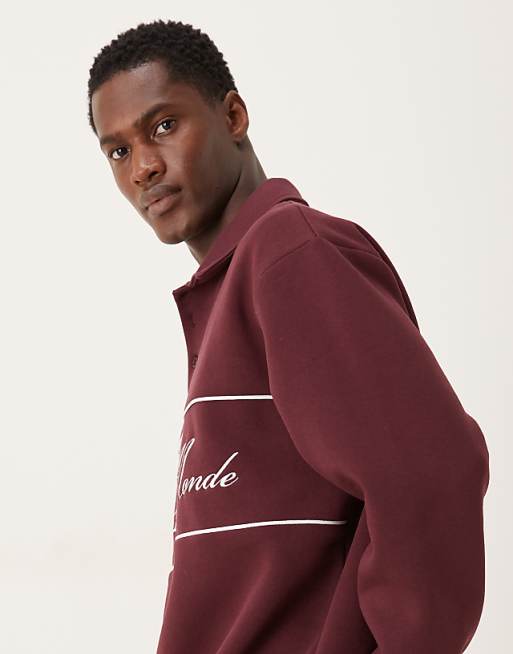 DESIGN Relaxed Fit Polo Sweatshirt With Piping And Embroidery In Burgundy