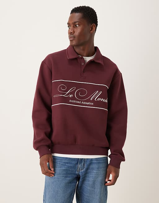 DESIGN relaxed fit polo sweatshirt with piping and embroidery in burgundy