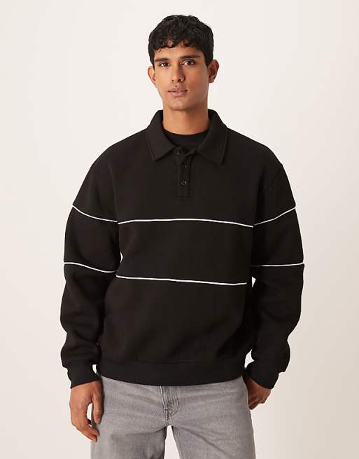 DESIGN relaxed fit polo sweatshirt with piping in black