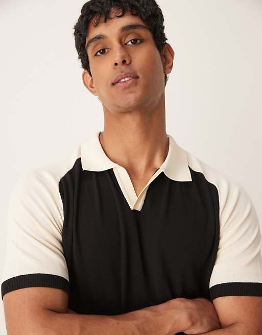 DESIGN Relaxed Fit Premium Knitted Polo In Black And White