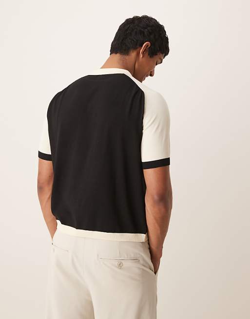 DESIGN Relaxed Fit Premium Knitted Polo In Black And White