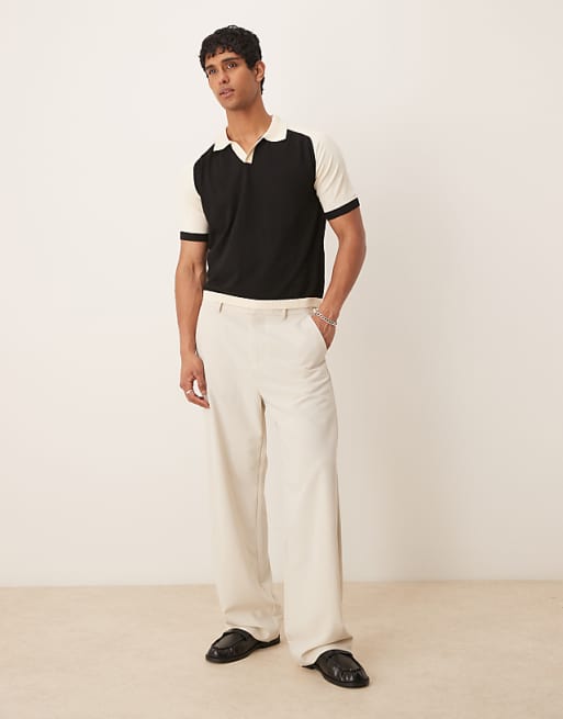 DESIGN Relaxed Fit Premium Knitted Polo In Black And White