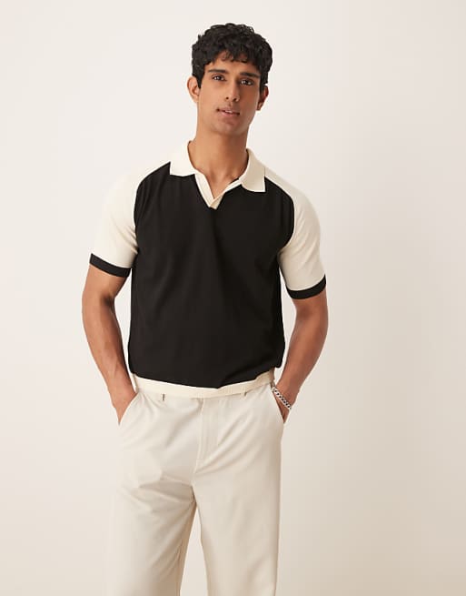 DESIGN relaxed fit premium knitted polo in black and white