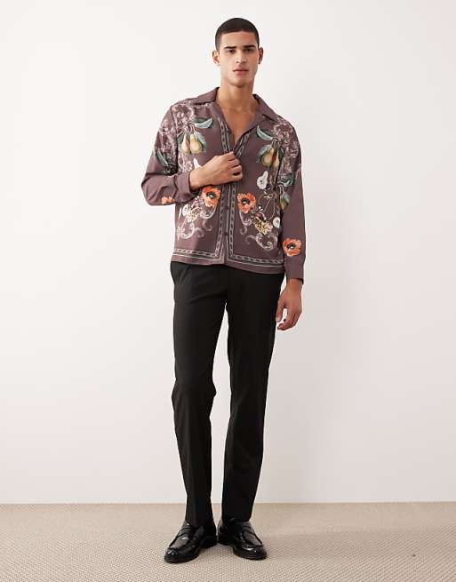 DESIGN Relaxed Fit Revere Collar Satin Shirt With Print Detail In Brown