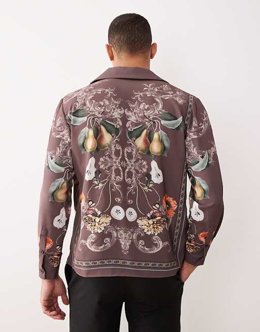 DESIGN Relaxed Fit Revere Collar Satin Shirt With Print Detail In Brown