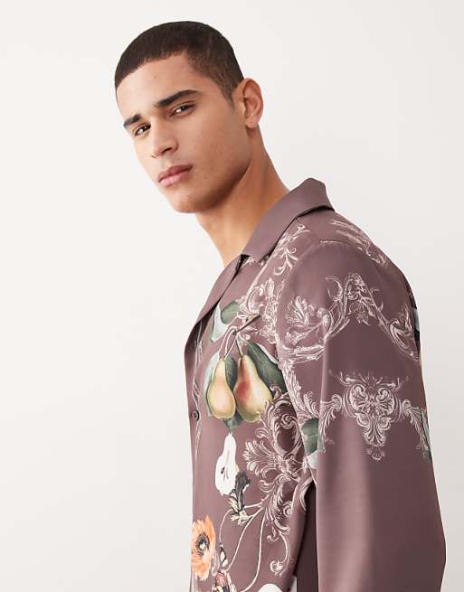 DESIGN Relaxed Fit Revere Collar Satin Shirt With Print Detail In Brown